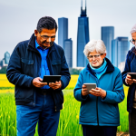 **Prompt for "Information Revolution: Opportunities and Connectivity"**
    A diverse group of fully clothed individuals, representing various ages and backgrounds from urban and rural settings, are engaged with digital devices like smartphones, tablets, and laptops. They display expressions of focus and connection. The environment is a harmonious blend of a modern city skyline and a serene rural landscape, symbolically connected by abstract, glowing digital network lines and streams of information.
    Professional photography, cinematic lighting, sharp focus, vibrant colors, high resolution, perfect anatomy, correct proportions, natural pose, well-formed hands, proper finger count, natural body proportions. Safe for work, appropriate content, fully clothed, family-friendly, professional dress.