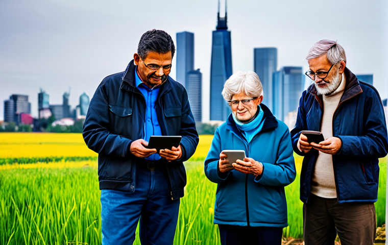 **Prompt for "Information Revolution: Opportunities and Connectivity"**
A diverse group of fully clothed individuals, representing various ages and backgrounds from urban and rural settings, are engaged with digital devices like smartphones, tablets, and laptops. They display expressions of focus and connection. The environment is a harmonious blend of a modern city skyline and a serene rural landscape, symbolically connected by abstract, glowing digital network lines and streams of information.
Professional photography, cinematic lighting, sharp focus, vibrant colors, high resolution, perfect anatomy, correct proportions, natural pose, well-formed hands, proper finger count, natural body proportions. Safe for work, appropriate content, fully clothed, family-friendly, professional dress.