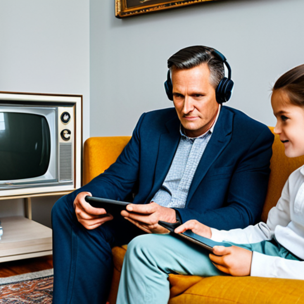 A multi-generational family (father, mother, two children, fully clothed in modest attire) gathered in a cozy, traditional living room, looking attentively at a classic, old-fashioned television set. Juxtaposed in the same frame, a young adult (fully clothed in modern, modest attire) is comfortably seated on a sofa, engrossed in content on a sleek tablet, wearing headphones. The room is brightly lit with soft lighting, symbolizing the evolution of media consumption. Professional photography, high resolution, natural poses, perfect anatomy, correct proportions, well-formed hands, proper finger count, natural body proportions, safe for work, appropriate content, fully clothed, professional, modest, family-friendly.