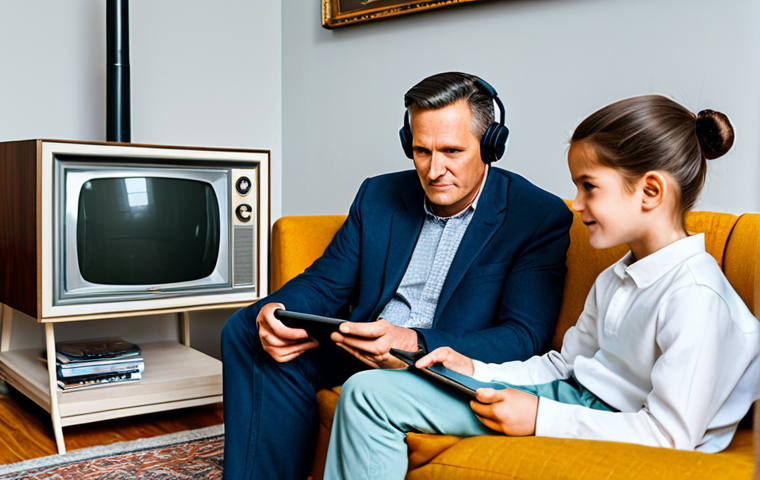 A multi-generational family (father, mother, two children, fully clothed in modest attire) gathered in a cozy, traditional living room, looking attentively at a classic, old-fashioned television set. Juxtaposed in the same frame, a young adult (fully clothed in modern, modest attire) is comfortably seated on a sofa, engrossed in content on a sleek tablet, wearing headphones. The room is brightly lit with soft lighting, symbolizing the evolution of media consumption. Professional photography, high resolution, natural poses, perfect anatomy, correct proportions, well-formed hands, proper finger count, natural body proportions, safe for work, appropriate content, fully clothed, professional, modest, family-friendly.