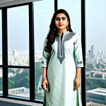 **

A confident businesswoman in a tailored, modest salwar kameez with intricate embroidery, standing in a modern, light-filled office.  Background includes a cityscape view.  Professional attire, fully clothed, safe for work, perfect anatomy, natural pose, high resolution, professional photography.

**