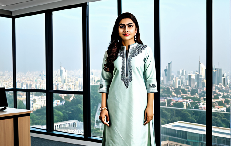 **

A confident businesswoman in a tailored, modest salwar kameez with intricate embroidery, standing in a modern, light-filled office.  Background includes a cityscape view.  Professional attire, fully clothed, safe for work, perfect anatomy, natural pose, high resolution, professional photography.

**