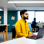 **

"A young Indian entrepreneur in a modern co-working space, fully clothed in a professional kurta and trousers, working on a laptop, surrounded by other creative professionals, brainstorming session, bright and vibrant colors, safe for work, appropriate content, perfect anatomy, natural proportions, professional, modest, family-friendly."

**