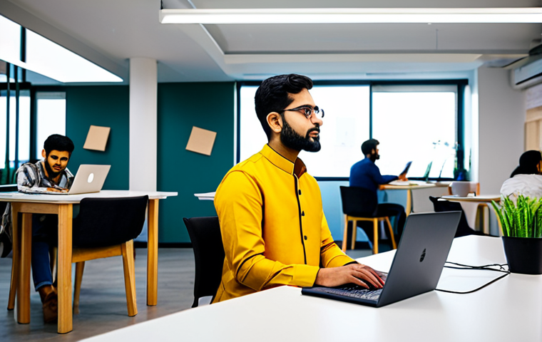 **

"A young Indian entrepreneur in a modern co-working space, fully clothed in a professional kurta and trousers, working on a laptop, surrounded by other creative professionals, brainstorming session, bright and vibrant colors, safe for work, appropriate content, perfect anatomy, natural proportions, professional, modest, family-friendly."

**