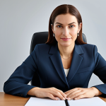 ** Professional businesswoman in a modest business suit, sitting at a desk in a modern office, fully clothed, appropriate attire, safe for work, perfect anatomy, natural proportions, professional photography, high quality.

**