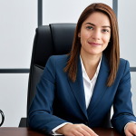 "A professional businesswoman in a modest business suit, sitting at a desk in a modern office, fully clothed, appropriate attire, safe for work, perfect anatomy, natural proportions, professional photography, high quality"
