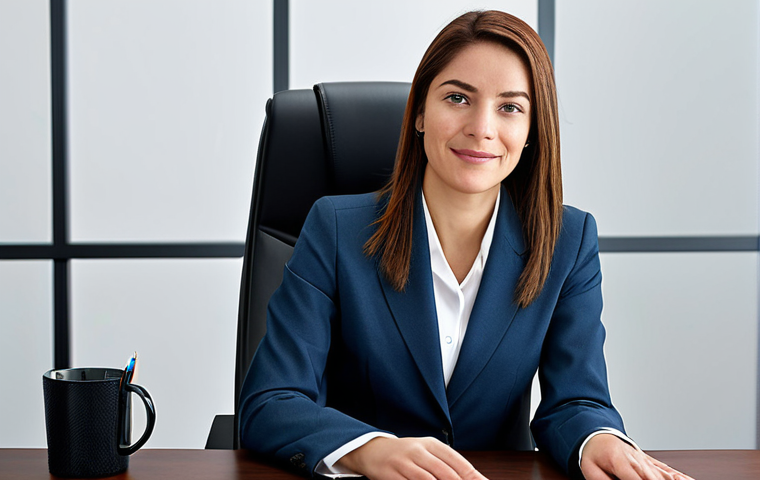 "A professional businesswoman in a modest business suit, sitting at a desk in a modern office, fully clothed, appropriate attire, safe for work, perfect anatomy, natural proportions, professional photography, high quality"