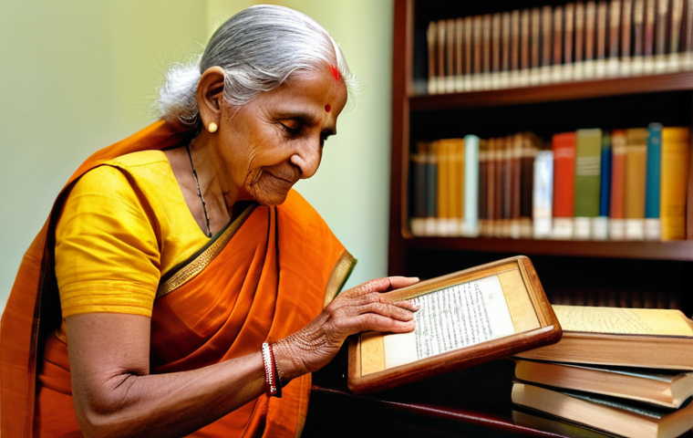 미디어 아카이브 연구 - **Prompt 1: Digitalizing Ancient Stories**
    A warm, inviting image depicting an elderly Indian wo...