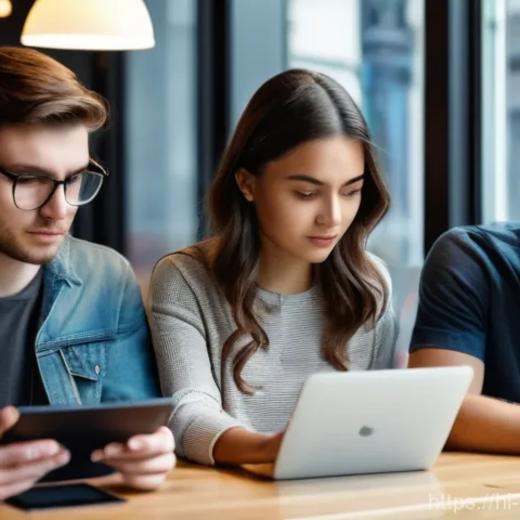 미디어 영향력 분석 - **Prompt:** A diverse group of three young adults (male and female, fully clothed in contemporary ca...