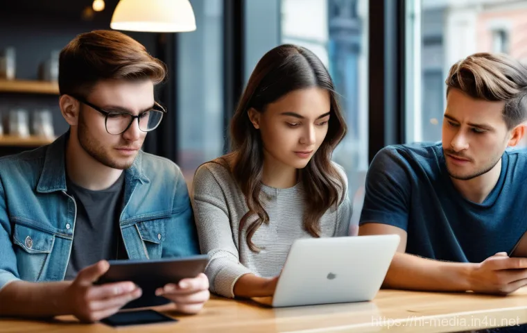 미디어 영향력 분석 - **Prompt:** A diverse group of three young adults (male and female, fully clothed in contemporary ca...