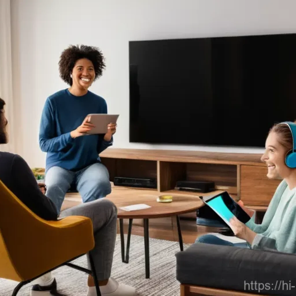 미디어 시장의 디지털화 - **Prompt Title: The Modern Entertainment Hub**
    **Image Prompt:** A cozy, warmly lit living room ...