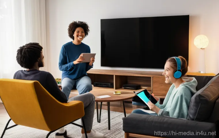 미디어 시장의 디지털화 - **Prompt Title: The Modern Entertainment Hub**
    **Image Prompt:** A cozy, warmly lit living room ...