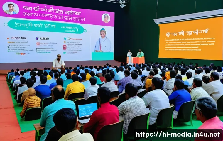 미디어와 개인정보 보호 - A detailed digital security awareness workshop scene in a vibrant Indian community hall, with divers...