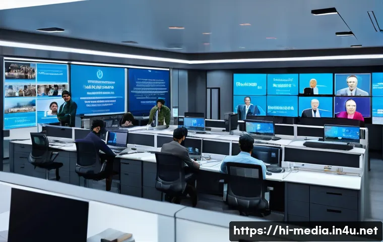 미디어 비평과 분석 - A modern newsroom scene featuring diverse Indian journalists working diligently, with visible Hindi ...