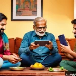 Home 19 미디어의 사회적 영향 - A vibrant digital family scene in a modern Indian living room, where multiple family members of diff...