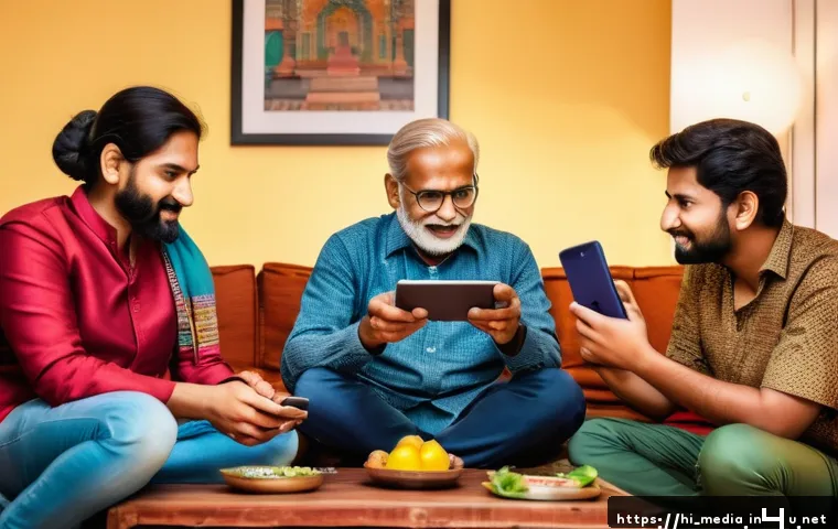 미디어의 사회적 영향 - A vibrant digital family scene in a modern Indian living room, where multiple family members of diff...