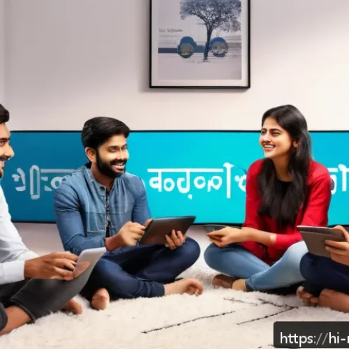 Home 28 미디어의 미래 연구 - A vibrant digital media scene showing a diverse group of young Hindi-speaking users engaging interac...