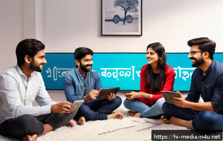 미디어의 미래 연구 - A vibrant digital media scene showing a diverse group of young Hindi-speaking users engaging interac...