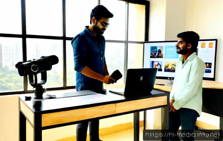 미디어 스타트업 기업 - Photorealistic Indian media startup team collaborating in a bright modern Mumbai-style creative offi...
